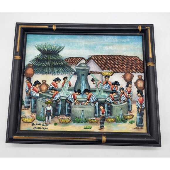Samuel Sotz Other - Samuel Sotz Oil on Canvas Painting Comalapa Wash Day Culture Folk Art Guatamalan